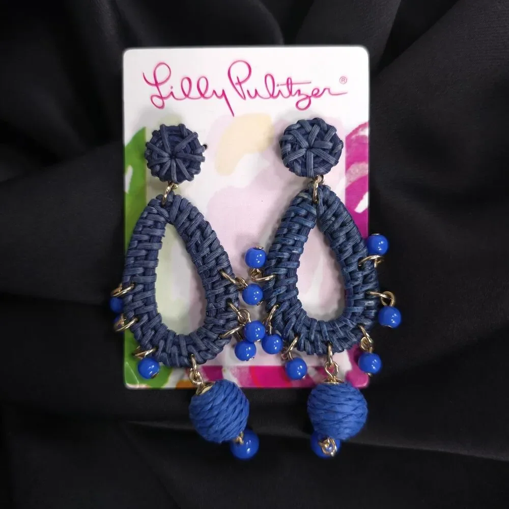 LILLY PULITZER Women's New Alba Blue Raffia Teardrop Beaded Drop Earrings 013493